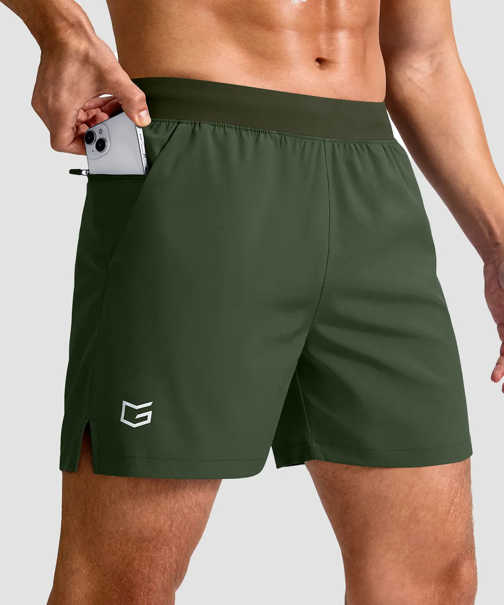 mid rise elastic waist slit short 5" in olive green - pocket detail view