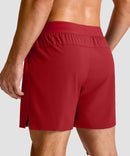 mid rise elastic waist slit short 5" in red - back view
