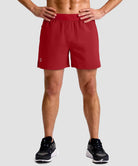 mid rise elastic waist slit short 5" in red - on model front view