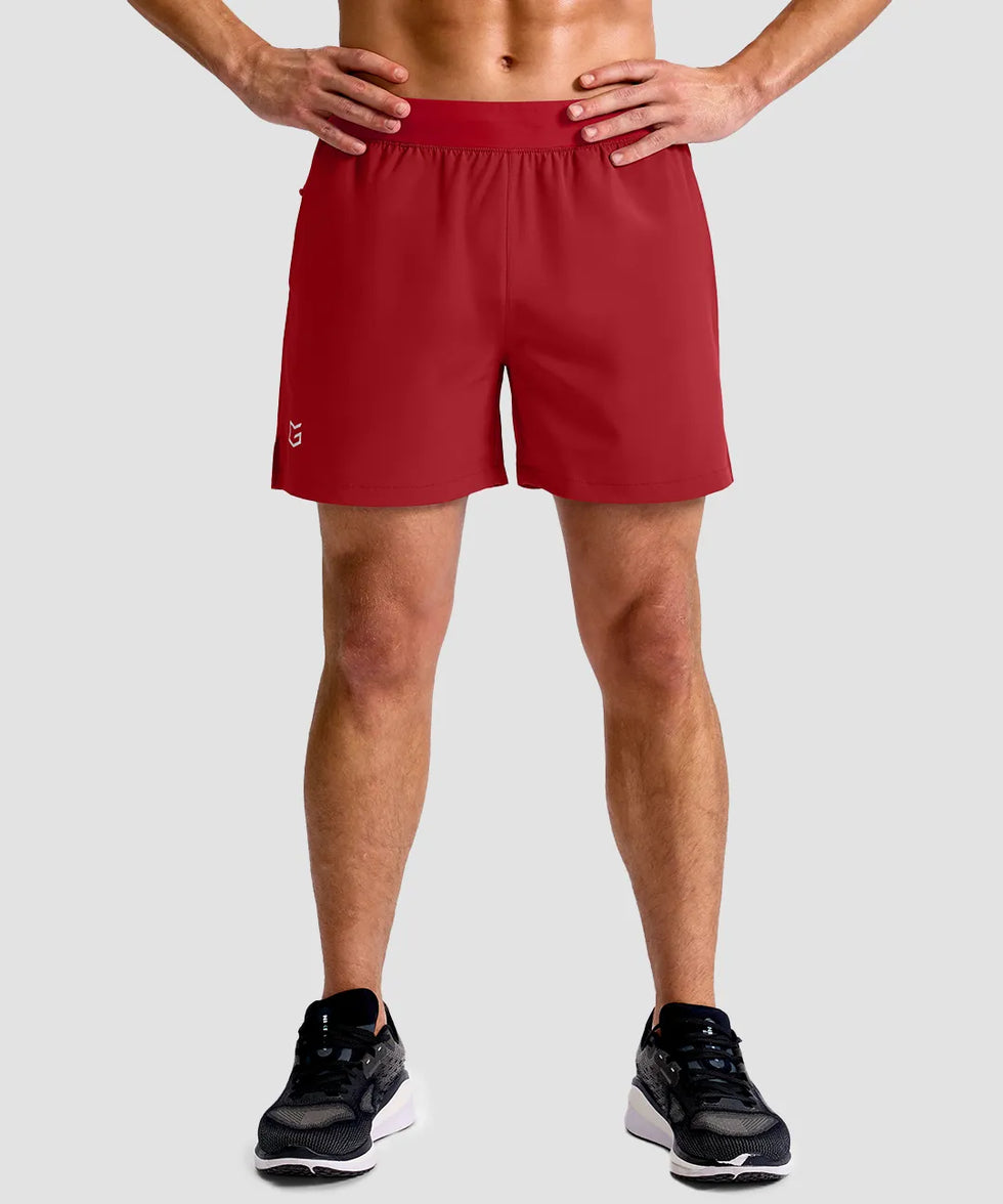 mid rise elastic waist slit short 5" in red - on model front view