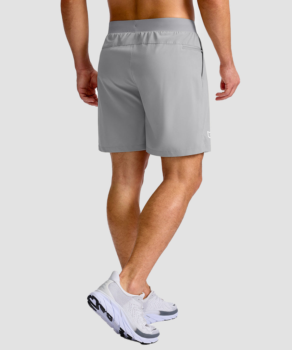 mid rise elastic waist slit short 7" in bright gray - on model back view
