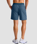 mid rise elastic waist slit short 7" in gray blue - on model back view