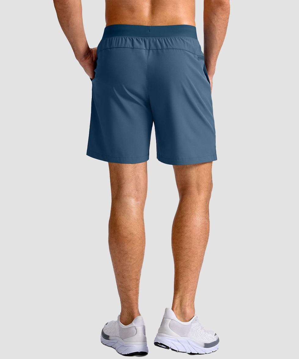 mid rise elastic waist slit short 7" in gray blue - on model back view