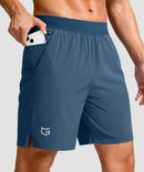 mid rise elastic waist slit short 7" in gray blue - pocket detail view