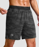 mid rise elastic waist slit short 7" in gray camo - front view