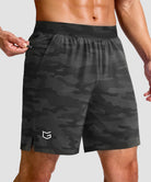 mid rise elastic waist slit short 7" in gray camo - front view
