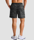 mid rise elastic waist slit short 7" in gray camo - on model back view