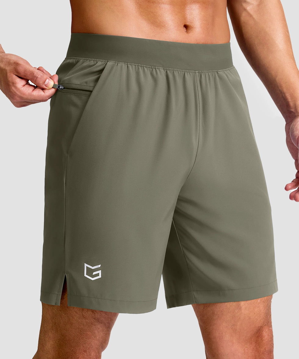 mid rise elastic waist slit short 7" in gray sage - front view