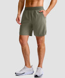 mid rise elastic waist slit short 7" in gray sage - on model front view
