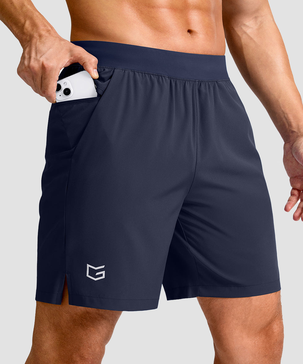mid rise elastic waist slit short 7" in navy - pocket detail view