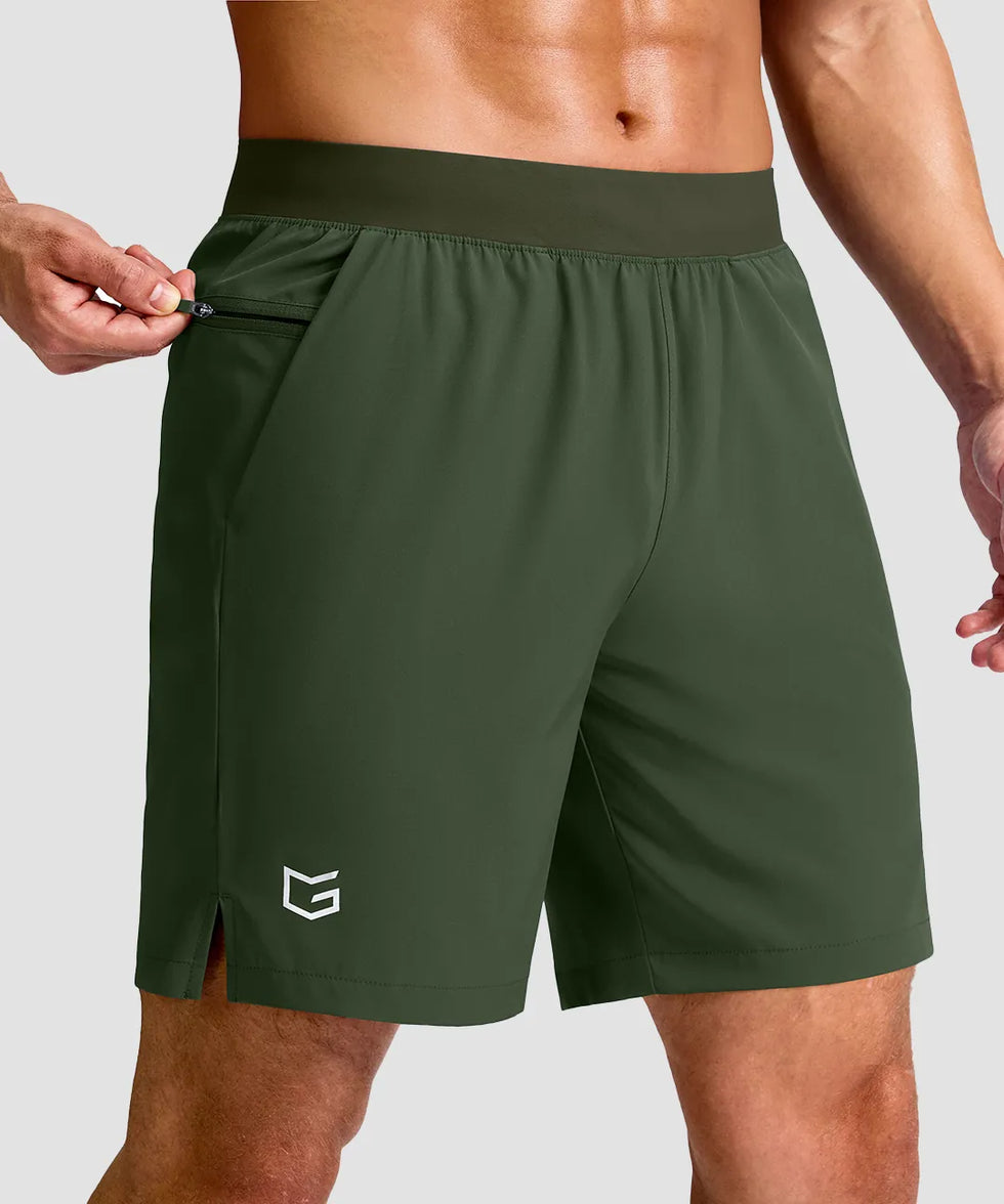 mid rise elastic waist slit short 7" in olive green - front view
