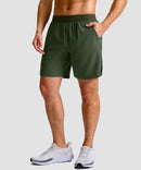 mid rise elastic waist slit short 7" in olive green - pocket detail view