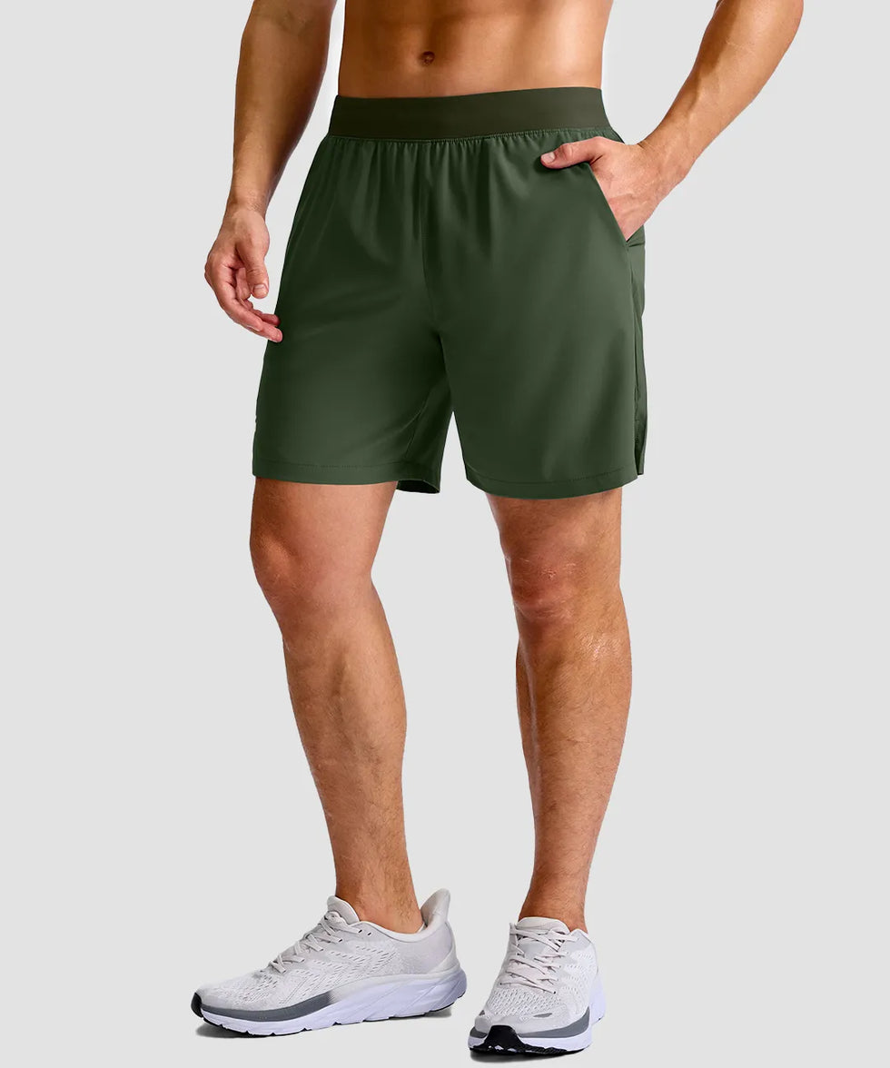 mid rise elastic waist slit short 7" in olive green - pocket detail view