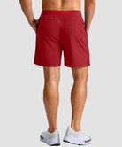 mid rise elastic waist slit short 7" in red - on model back view