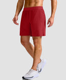 mid rise elastic waist slit short 7" in red - on model side view