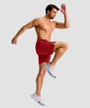 mid rise elastic waist slit short 7" in red - on model workout view