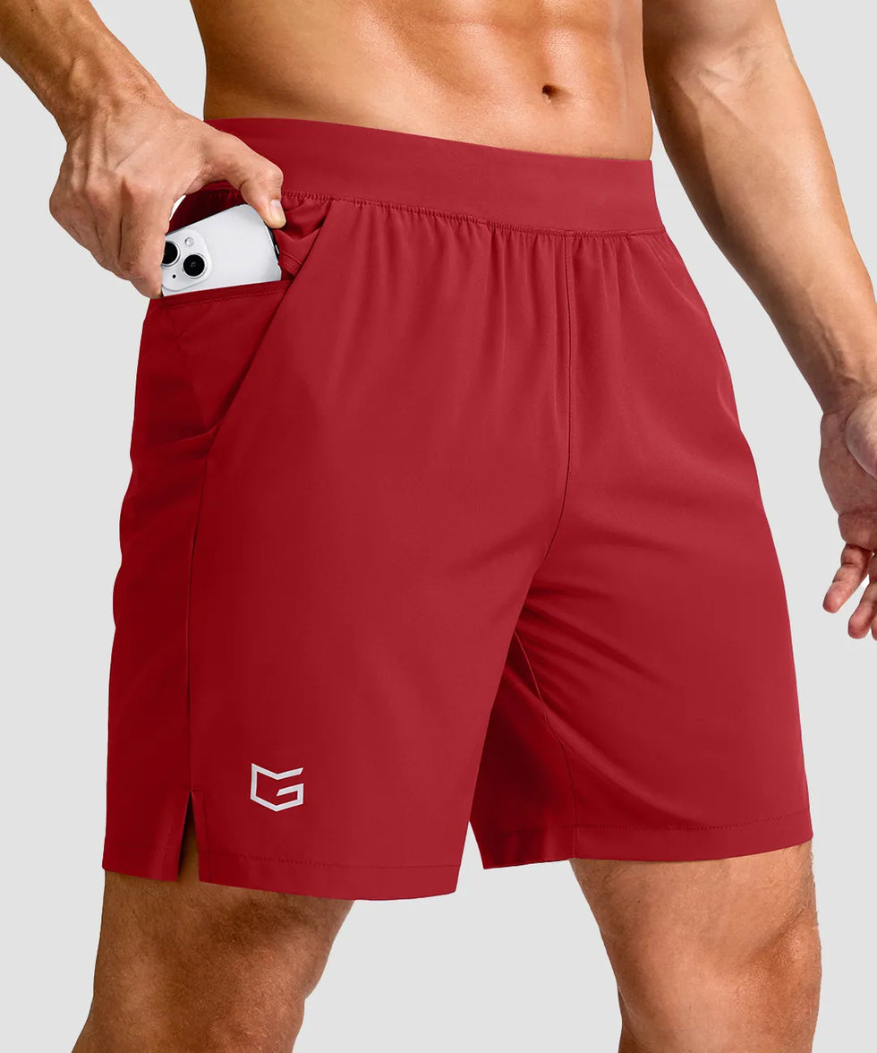 mid rise elastic waist slit short 7" in red - pocket detail view