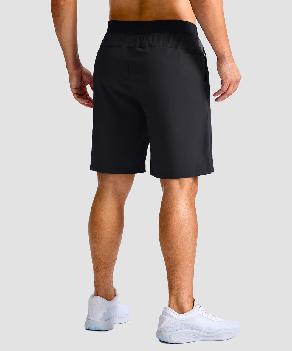 mid rise elastic waist slit short 9" in black - on model back view