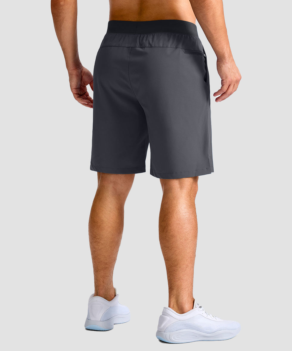 mid rise elastic waist slit short 9" in dark gray - on model back view