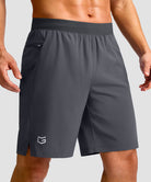 mid rise elastic waist slit short 9" in dark gray - side view