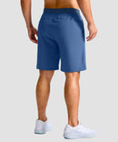 mid rise elastic waist slit short 9" in dusty blue - on model back view