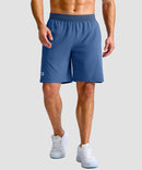 mid rise elastic waist slit short 9" in dusty blue - on model front view