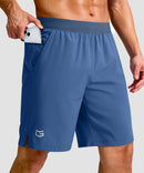 mid rise elastic waist slit short 9" in dusty blue - pocket detail view