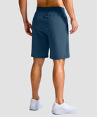 mid rise elastic waist slit short 9" in gray blue - on model back view