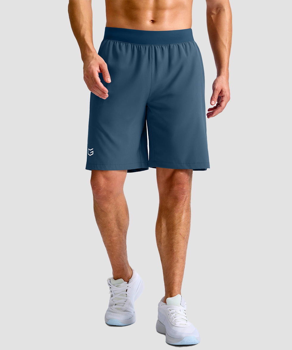 mid rise elastic waist slit short 9" in gray blue - on model front view