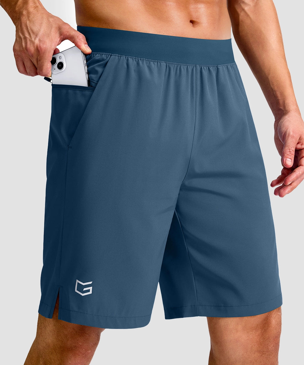 mid rise elastic waist slit short 9" in gray blue - pocket detail view