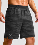 mid rise elastic waist slit short 9" in gray camo - front view