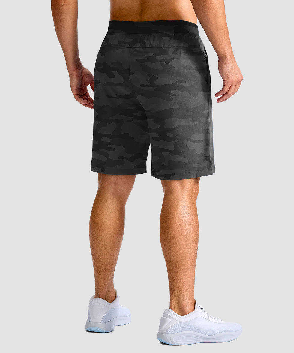 mid rise elastic waist slit short 9" in gray camo - on model back view