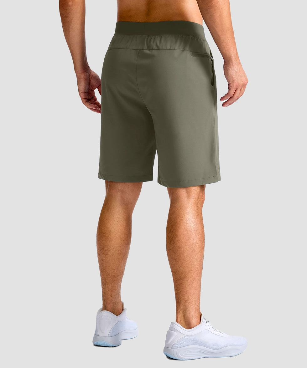 mid rise elastic waist slit short 9" in gray sage - on model back view