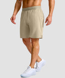 mid rise elastic waist slit short 9" in light khaki - on model side view