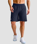 mid rise elastic waist slit short 9" in navy - on model front view