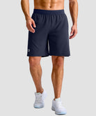 mid rise elastic waist slit short 9" in navy - on model front view