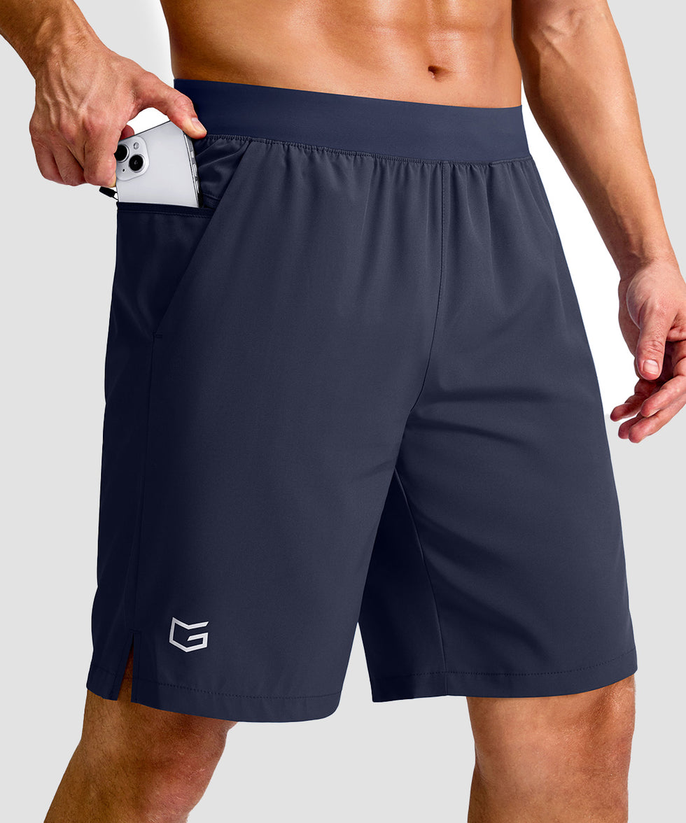 mid rise elastic waist slit short 9" in navy - pocket detail view