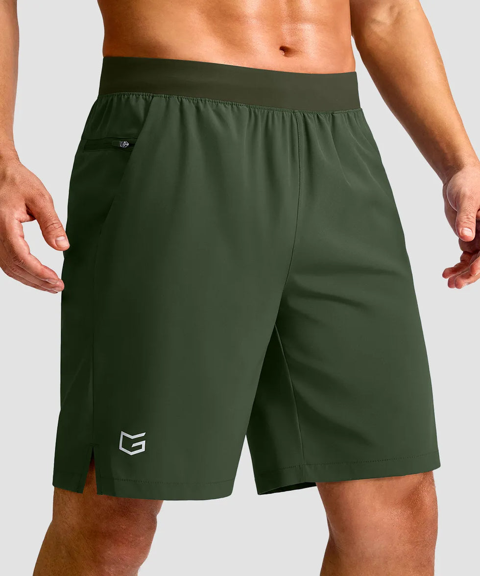 mid rise elastic waist slit short 9" in olive green - front view