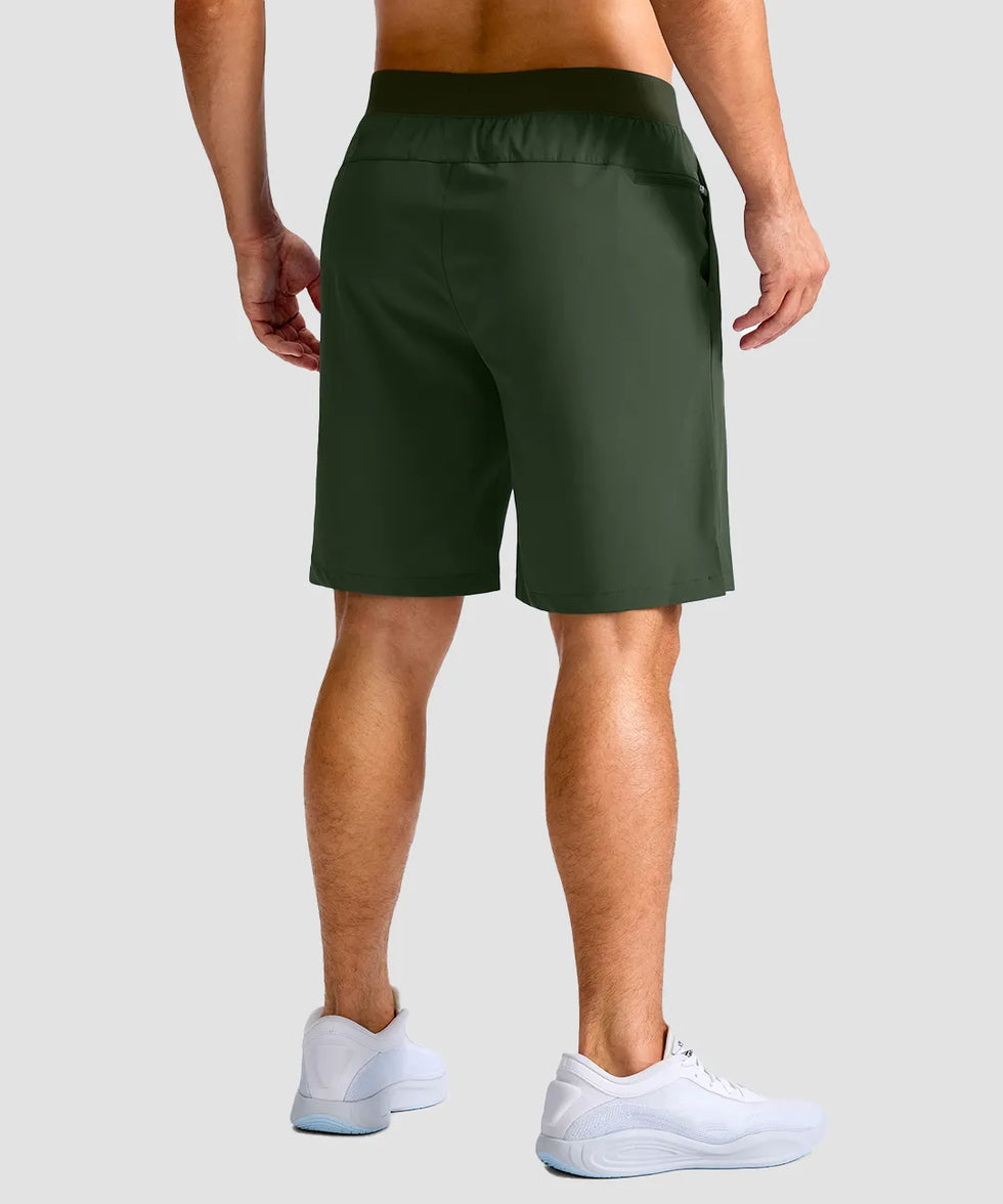 mid rise elastic waist slit short 9" in olive green - on model back view