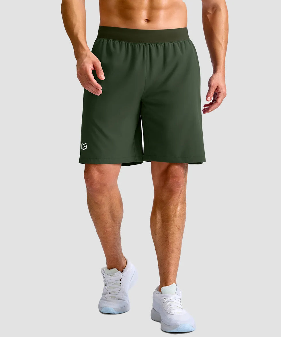 mid rise elastic waist slit short 9" in olive green - on model front view
