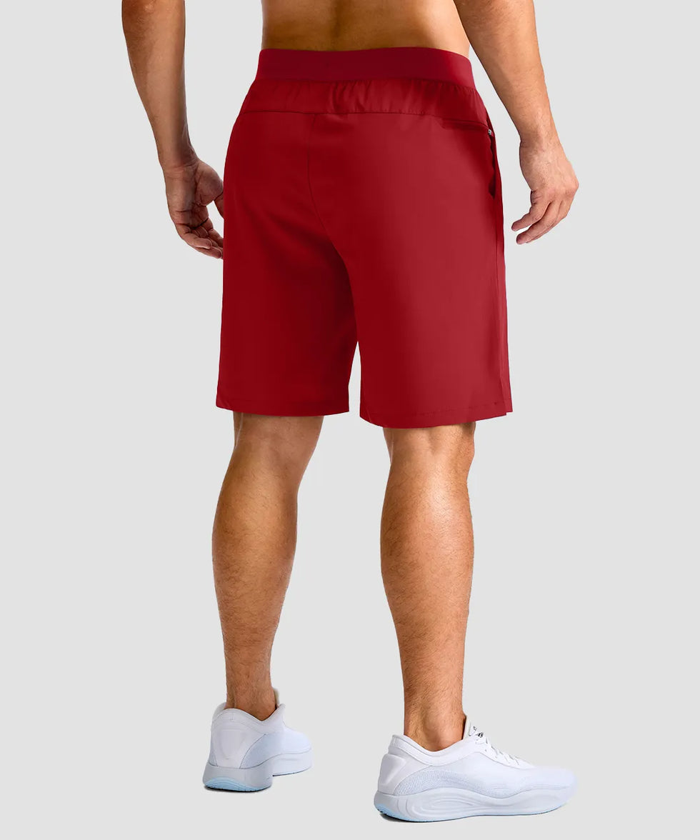 mid rise elastic waist slit short 9" in red - on model back view