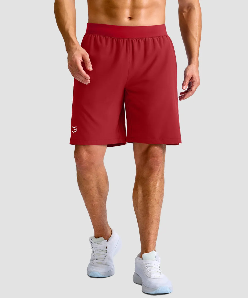 mid rise elastic waist slit short 9" in red - on model front view