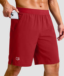 mid rise elastic waist slit short 9" in red - pocket detail view