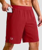 mid rise elastic waist slit short 9" in red - pocket detail view