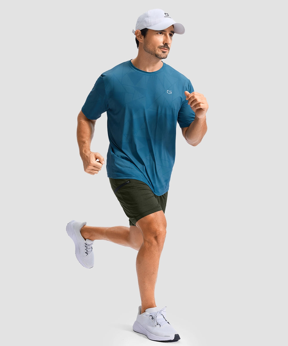 moisture wicking athletic sweat shorts in army green - on model running view