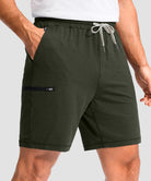 moisture wicking athletic sweat shorts in army green - pocket detail view