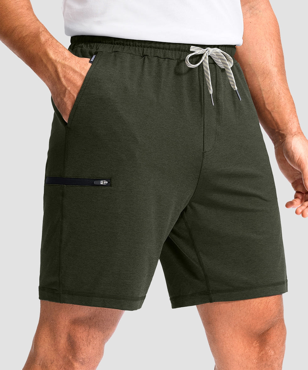 moisture wicking athletic sweat shorts in army green - pocket detail view