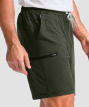 moisture wicking athletic sweat shorts in army green - side view