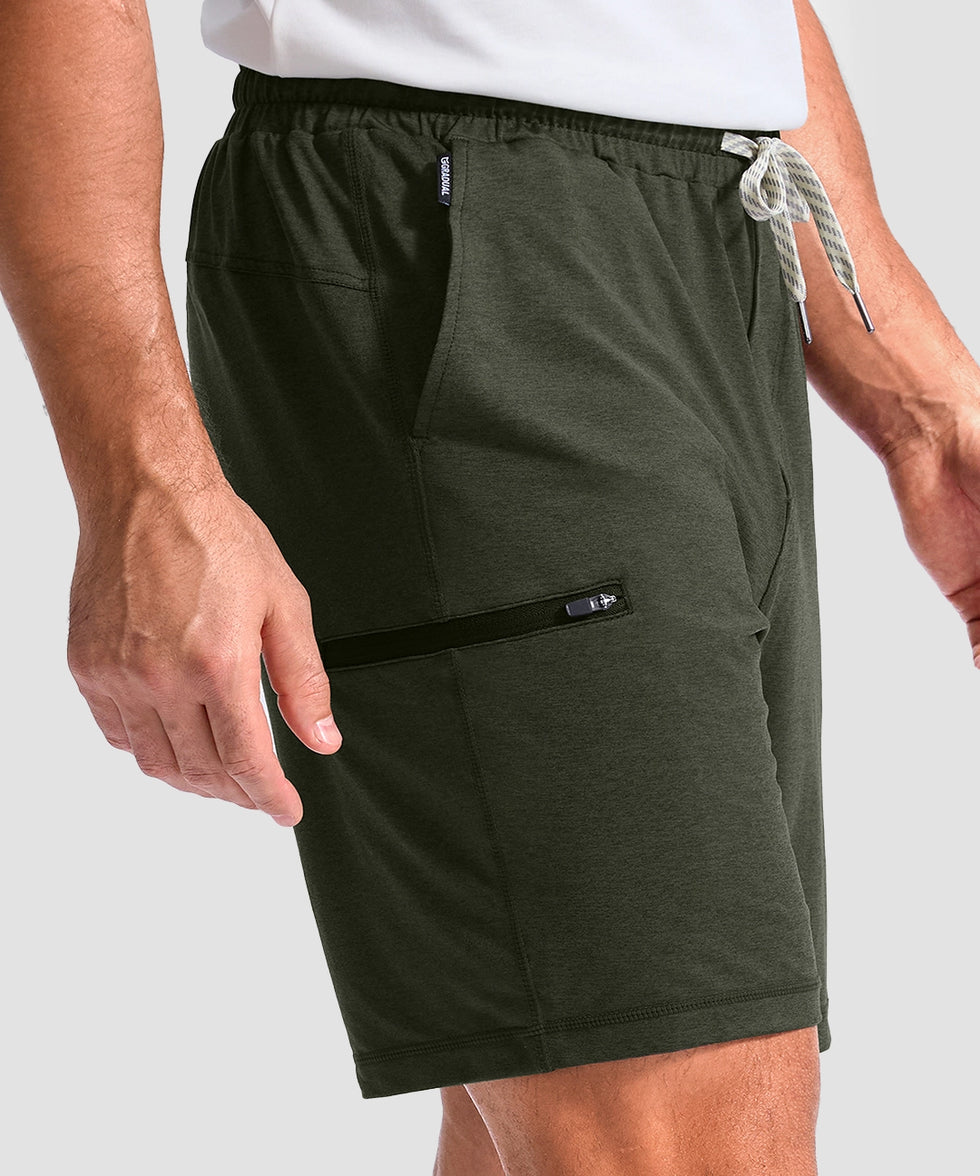 moisture wicking athletic sweat shorts in army green - side view