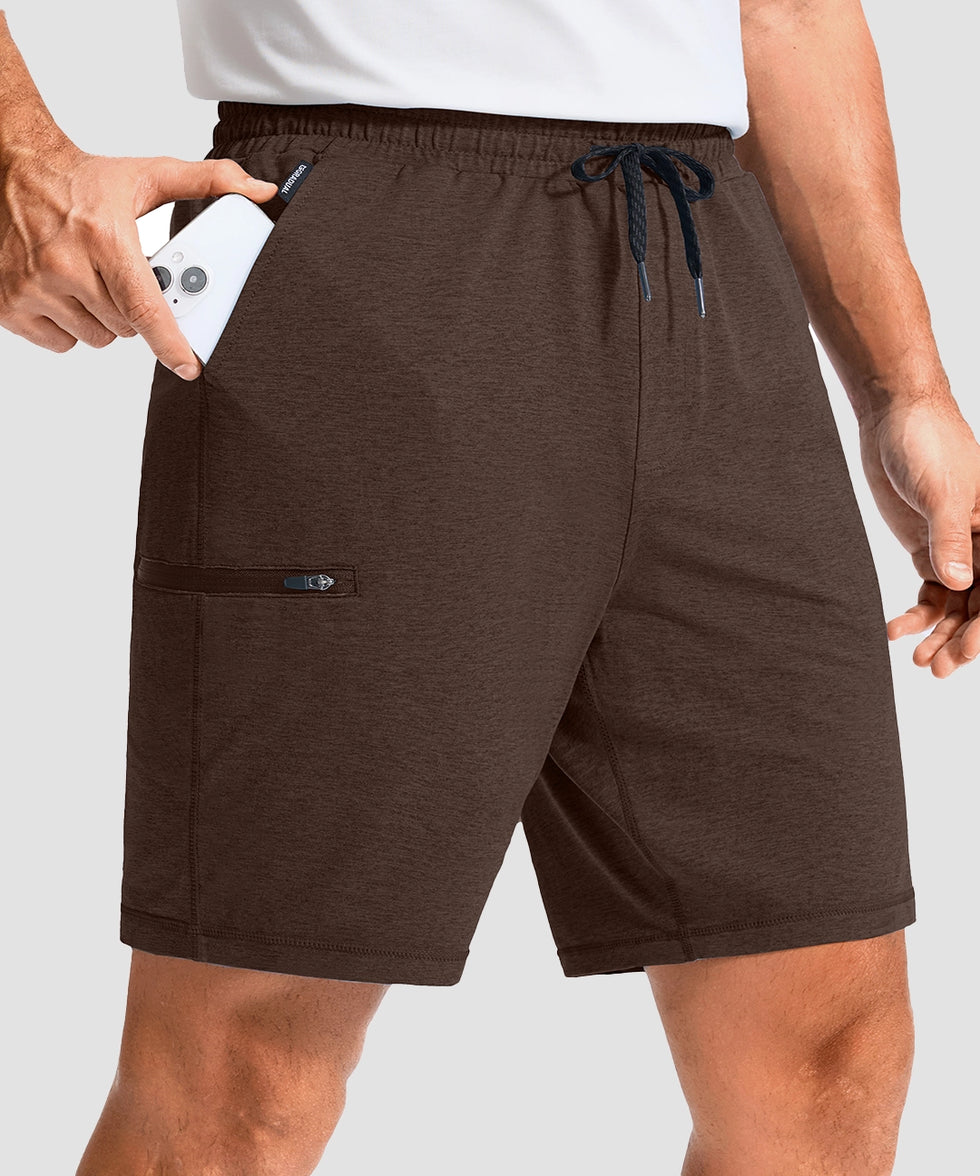 moisture wicking athletic sweat shorts in brown - front view